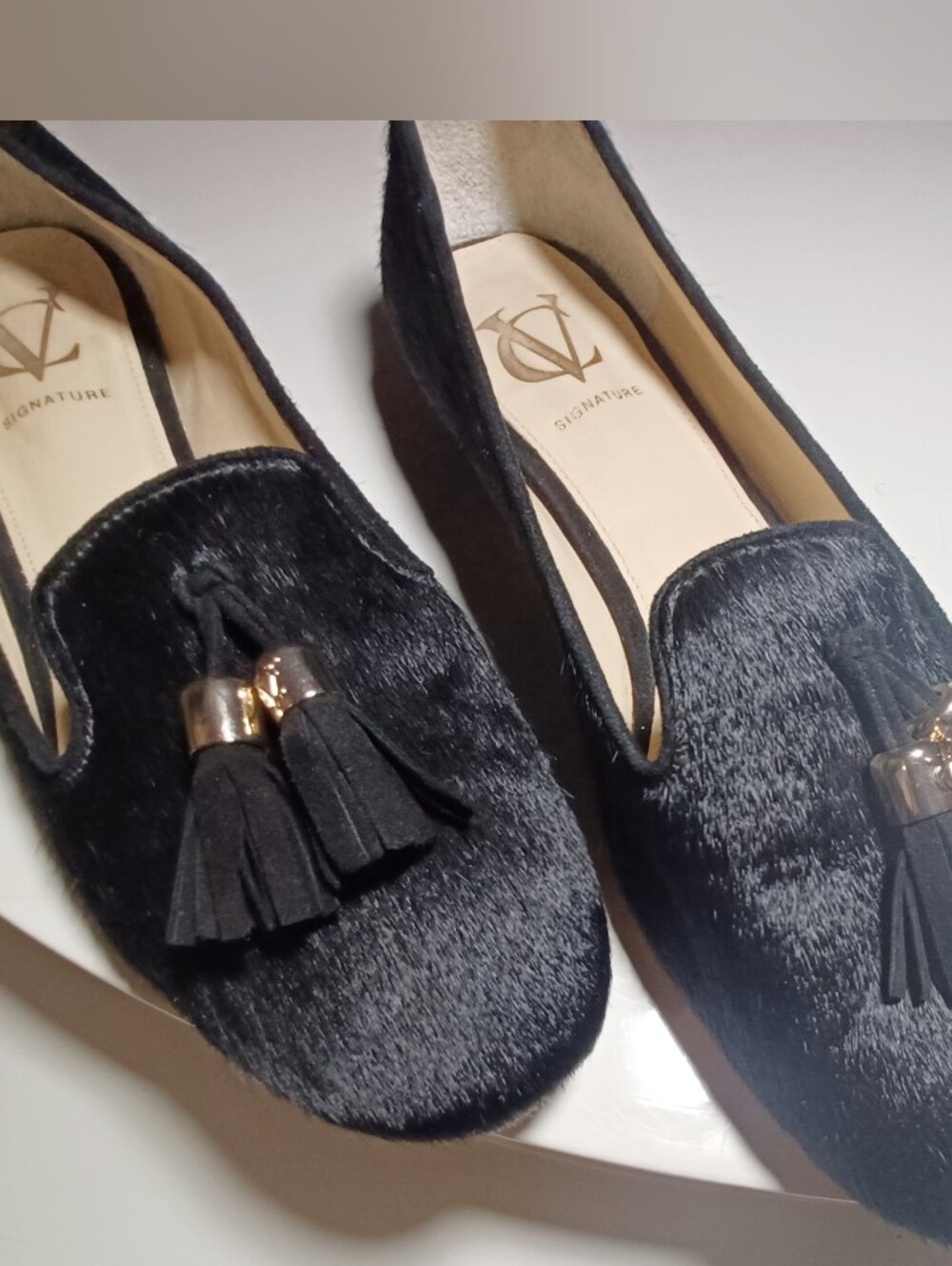 VC Signature Black Calf Hair  Tassel Loafers with Gold Accents
